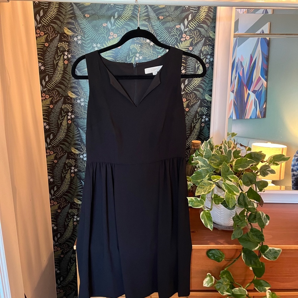 LOFT Black A-Line V-Neck Midi Dress